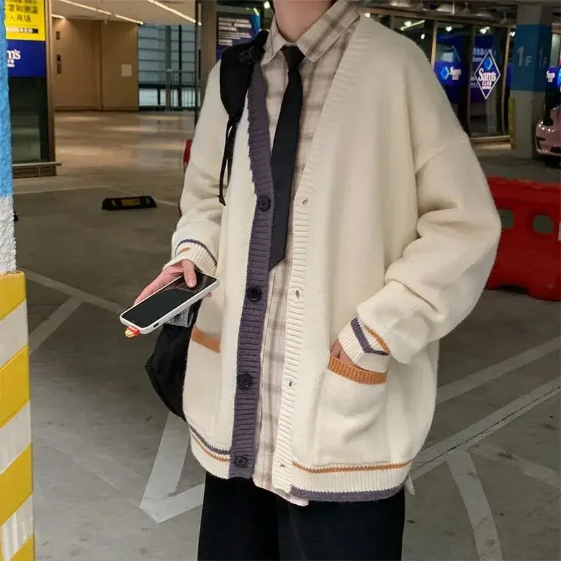 Kötött férfi pulóverek Kék kabát Férfi Ruhák Kardigán V Nyakú Kabát Patchwork Tavasz Ősz Japán Harajuku divat Gyapjú X