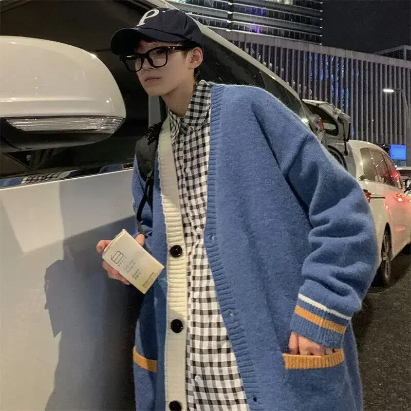 Kötött férfi pulóverek Kék kabát Férfi Ruhák Kardigán V Nyakú Kabát Patchwork Tavasz Ősz Japán Harajuku divat Gyapjú X