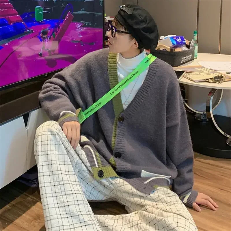 Kötött férfi pulóverek Kék kabát Férfi Ruhák Kardigán V Nyakú Kabát Patchwork Tavasz Ősz Japán Harajuku divat Gyapjú X