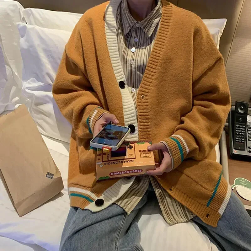 Kötött férfi pulóverek Kék kabát Férfi Ruhák Kardigán V Nyakú Kabát Patchwork Tavasz Ősz Japán Harajuku divat Gyapjú X