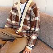 Kötött férfi pulóverek V nyakú kockás barna grafikus kardigán férfi ruhák pulóverek nagy méretű hosszú ujjú 100% zsákos régi gyapjú