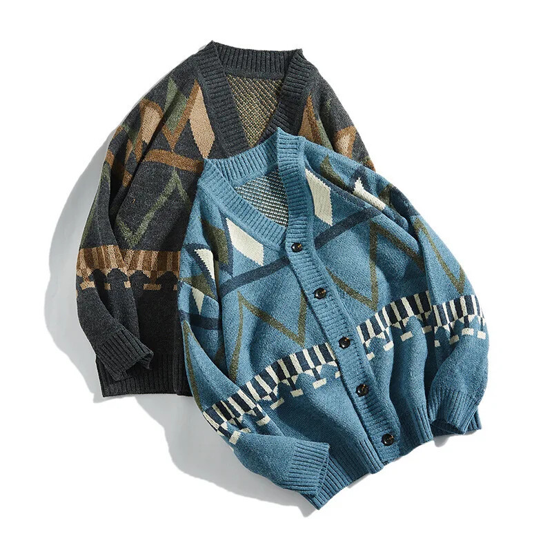 Vintage japán férfi pulóver laza, V-nyakú, kötött felső, alkalmi kardigán dzseki Divatos tavaszi őszi színblokkoló