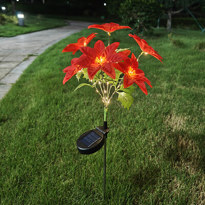 Saules Ziemassvētku ziedu lampa LED siltā gaisma modes sarkana dekorācija ziedu puansetija dārzam zāliena lampa svētku Ziemassvētku gaisma