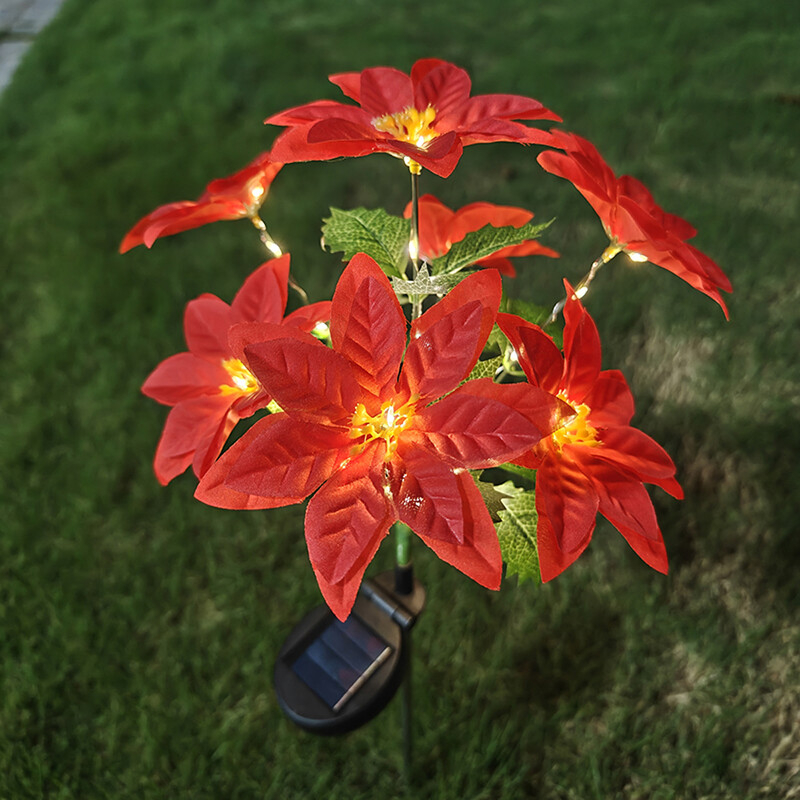Saules Ziemassvētku ziedu lampa LED siltā gaisma modes sarkana dekorācija ziedu puansetija dārzam zāliena lampa svētku Ziemassvētku gaisma