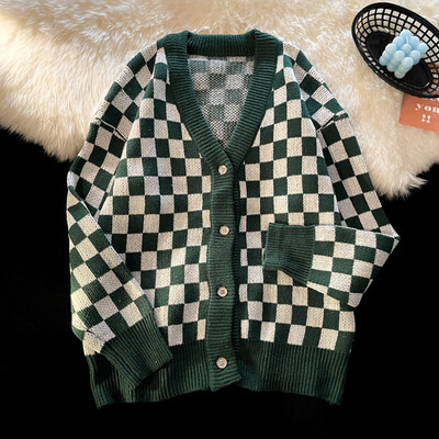 Alkalmi fekete-fehér kockás kardigánok férfiaknak női vintage laza harajuku kockás kötött pulóver férfi tervező luxusruhák