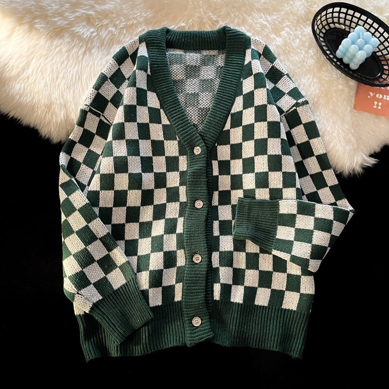 Alkalmi fekete-fehér kockás kardigánok férfiaknak női vintage laza harajuku kockás kötött pulóver férfi tervező luxusruhák