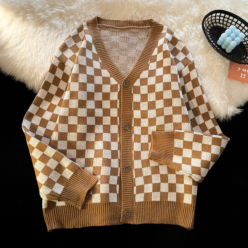 Alkalmi fekete-fehér kockás kardigánok férfiaknak női vintage laza harajuku kockás kötött pulóver férfi tervező luxusruhák