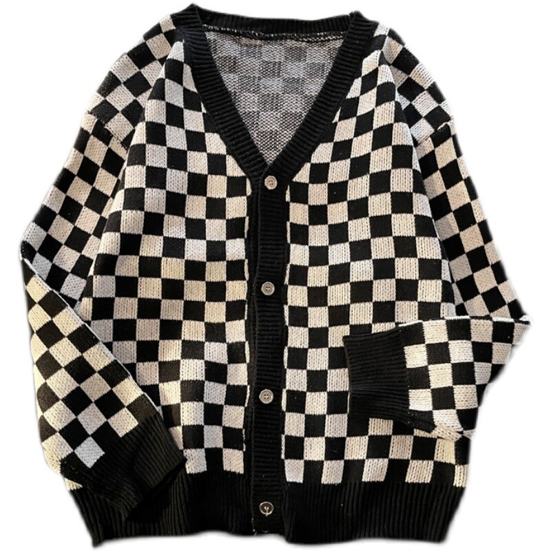 Alkalmi fekete-fehér kockás kardigánok férfiaknak női vintage laza harajuku kockás kötött pulóver férfi tervező luxusruhák