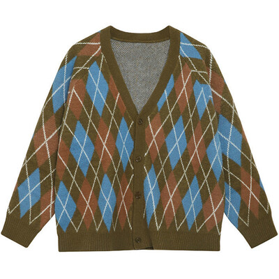 Japán vintage pulóverkabát 2022 téli új kockás V-nyakú kardigán férfi pároknak bő, túlméretezett kötött kardigán hip-hop pulóver