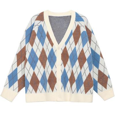 Japán vintage pulóverkabát 2022 téli új kockás V-nyakú kardigán férfi pároknak bő, túlméretezett kötött kardigán hip-hop pulóver