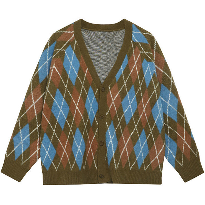Japán vintage pulóverkabát 2022 téli új kockás V-nyakú kardigán férfi pároknak bő, túlméretezett kötött kardigán hip-hop pulóver