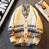 2023-as új őszi és téli retro patchwork gyémánt V-nyakú színben passzoló laza és jóképű alkalmi kötött férfi kardigán