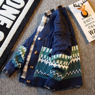 2023-as új őszi és téli retro patchwork gyémánt V-nyakú színben passzoló laza és jóképű alkalmi kötött férfi kardigán