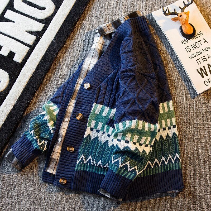 2023-as új őszi és téli retro patchwork gyémánt V-nyakú színben passzoló laza és jóképű alkalmi kötött férfi kardigán