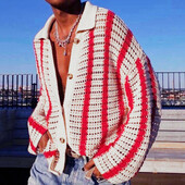 Férfi pulóver Ruházat Európai és amerikai divat Alkalmi üreges szőtt kötött pulóver Sokoldalú csíkos kardigán pulóver