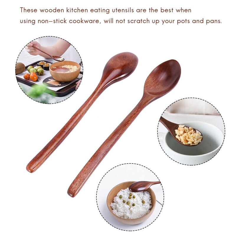 Mediniai šaukštai, 6 vienetų mediniai sriubos šaukštai valgymui Maišymas, ilgas šaukštas virtuvės reikmenys