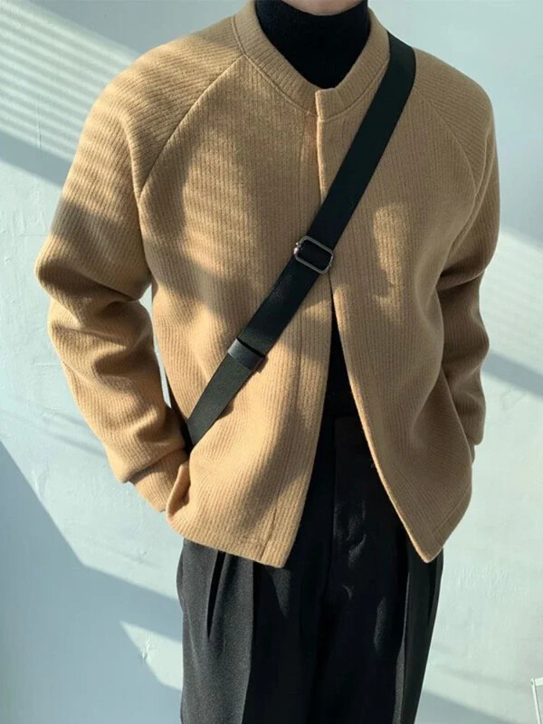 Kardigán barna nyakú kötött pulóver férfi kabát dzseki körgallér fekete férfi ruházat elegáns pulóver tervező luxus mód