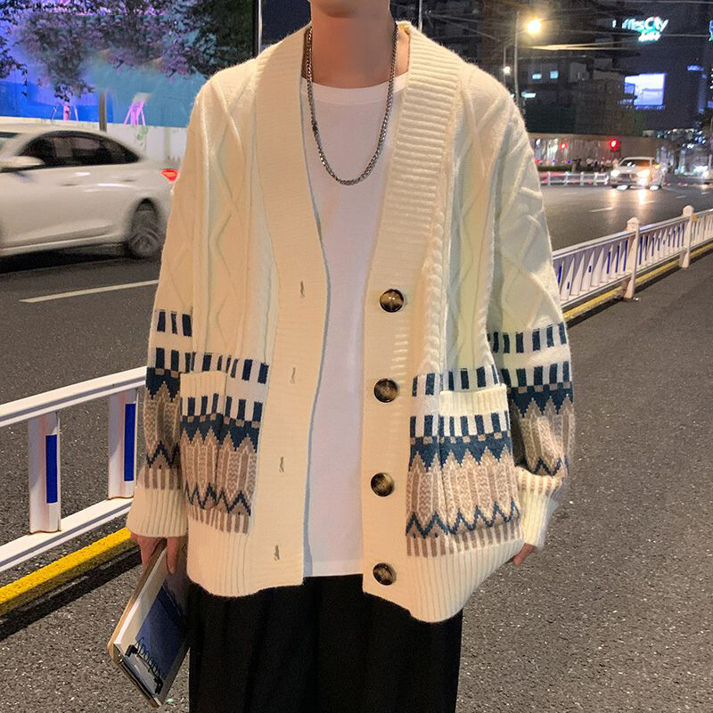 Bărbați la modă culoare contrastantă Casual Streetwear Pulover cu un singur piept Cardigan Y2K Tineret Gât în V cu mânecă lungă Topuri tricotate supradimensionate