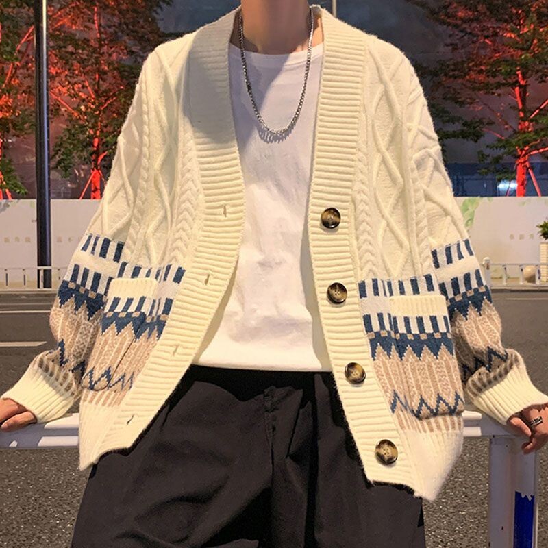 Bărbați la modă culoare contrastantă Casual Streetwear Pulover cu un singur piept Cardigan Y2K Tineret Gât în V cu mânecă lungă Topuri tricotate supradimensionate