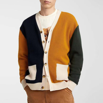 Férfi kardigán könnyű luxus Patchwork kötött V nyakú pulóver kabát hosszú ujjú szabadidő koreai népszerű ruházat Retro kötöttáru M-3XL