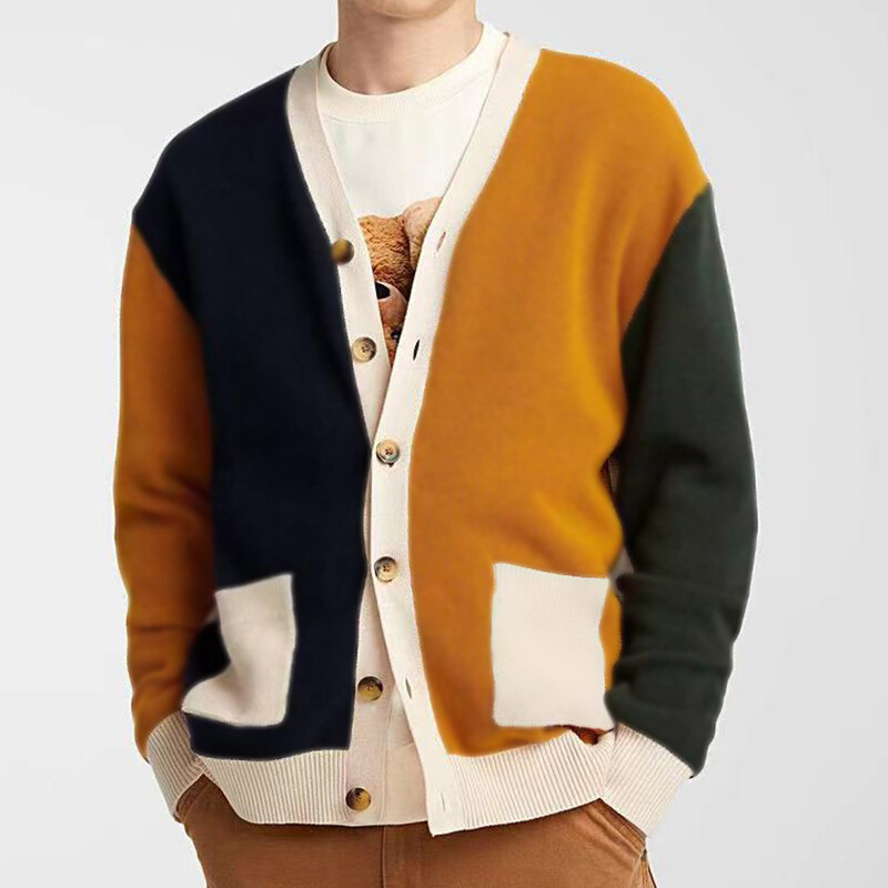 Férfi kardigán könnyű luxus Patchwork kötött V nyakú pulóver kabát hosszú ujjú szabadidő koreai népszerű ruházat Retro kötöttáru M-3XL