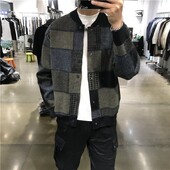 Rudens un ziemas jauns japāņu, moderns vīriešu japāņu, izskatīgs beisbola apkakles rūtains trikotāžas jaciņš ikdienas daudzpusīgs džemperis