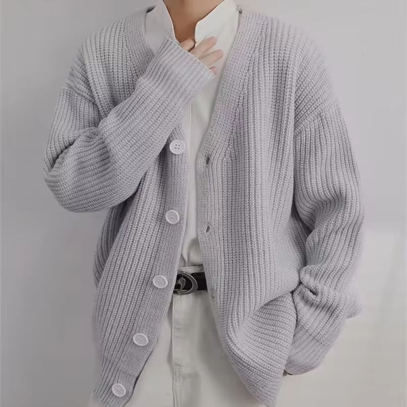 Sötét ikon Egyszínű V-nyakú, nagyméretű kardigán pulóver férfi őszi alap koreai stílusú sima férfi pulóverek szürke fekete