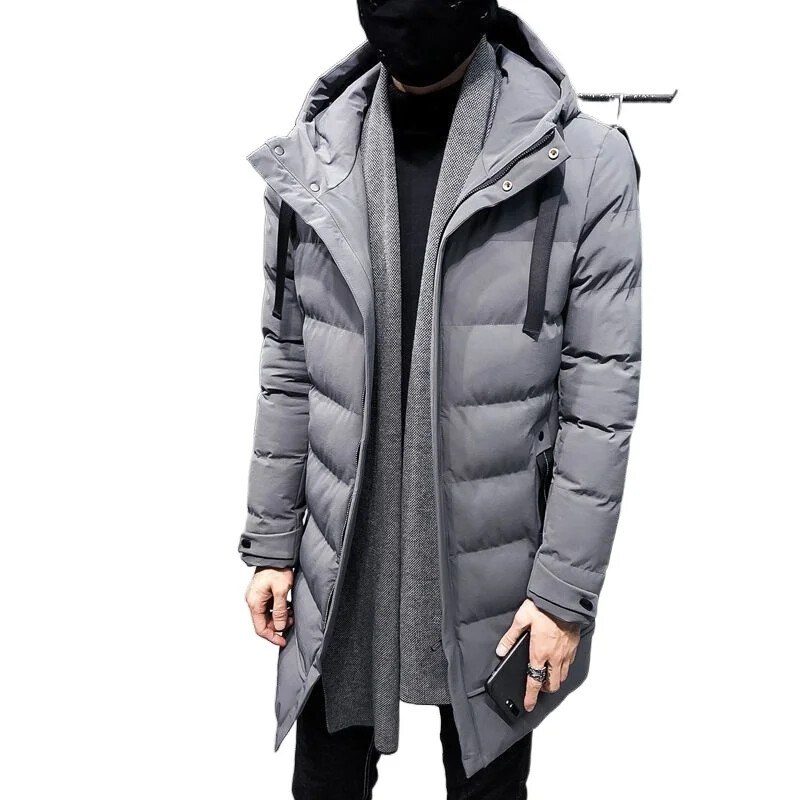 Ziemas vīrietis pagarina kokvilnas mētelis dūnu jaka vidēja garuma pāri ceļgaliem sabiezina jauniešu kapuci vaļīga, saglabā siltumu. Temperaments Vienkāršs