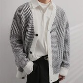 Sötét ikonos kardigán pulóver Férfi V-nyakú, túlméretezett geometrikus férfi pulóver Őszi alkalmi vintage férfi pulóver kötöttáru felsőruházat