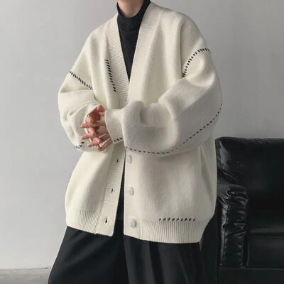 Japāņu stila vīriešu džempera jaka brīvi pieguļoša vintage ikdienas sabiezināta, moderna pāra jaciņa ar V veida kakla izgriezumu, adīts rudens/ziema