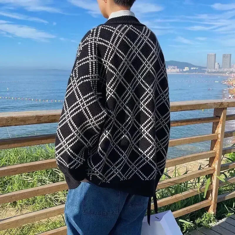 Îmbrăcăminte pentru bărbați Pulover din tricot în carouri Jachetă pentru bărbați Manton negru Cardigan 2025 Nou în estetic Meme Haine de toamnă coreeană Hanorac