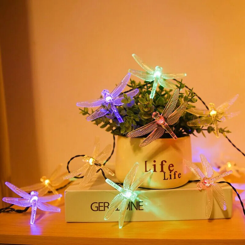 Lumină solară cu 8 moduri LED de grădină cu libelulă Lampă de peisaj impermeabilă pentru curte, nuntă, decorare de vacanță în aer liber