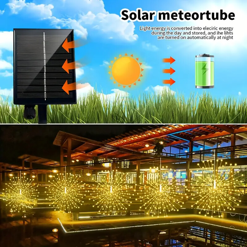 480 LED piekaramā saules uguņošanas gaisma āra zvaigžņu uzliesmojuma gaisma, ūdensnecaurlaidīga 8 režīmu pasaku gaismas ar attālu pagalma ballīšu dārzu