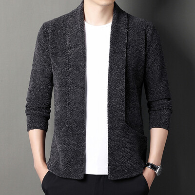 Muški pleteni kardigan od šenile, bez gumba, jednobojni, jednostavni poslovni, ležerni, muški kardigan, novo 2023.