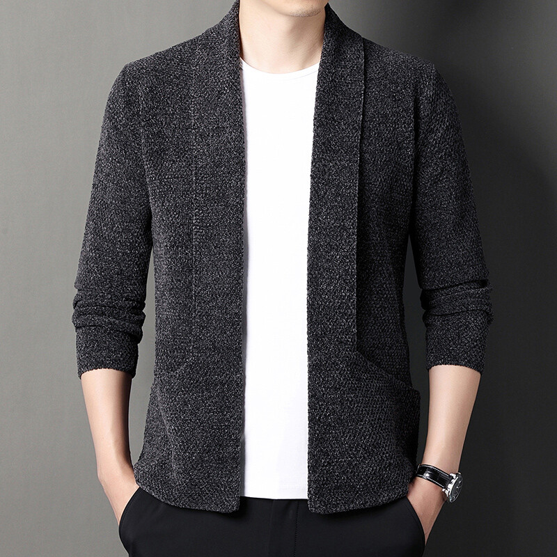 Muški pleteni kardigan od šenile, bez gumba, jednobojni, jednostavni poslovni, ležerni, muški kardigan, novo 2023.