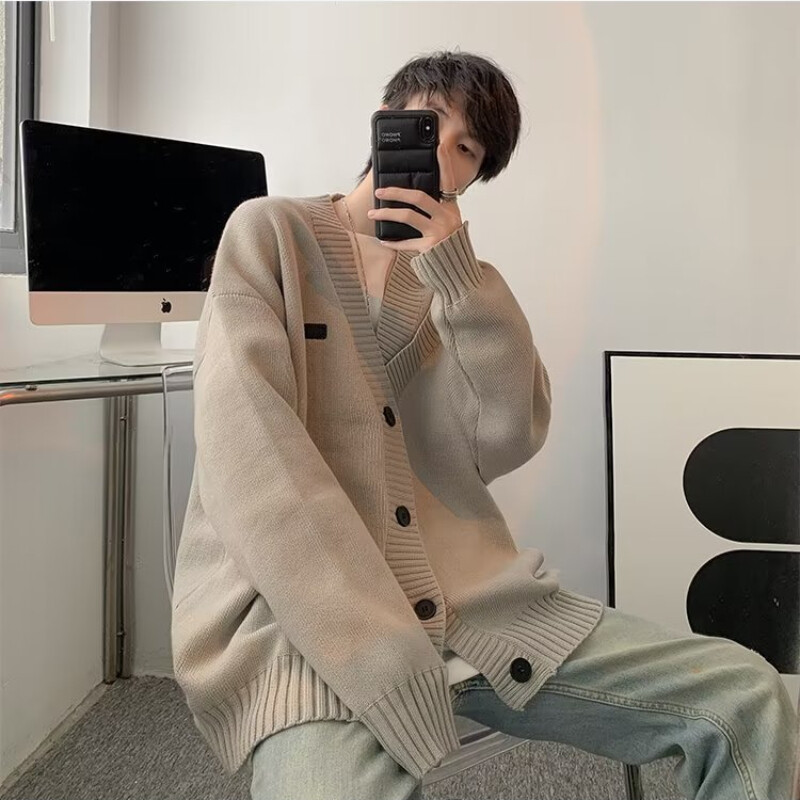 Jakas vīriešiem Mode Populāri, jauneklīgi, amerikāņu stila V-veida kakla vienkrāsaini Izsmalcināti pavasara rudens ielu apģērbi, adīšana brīvi katru dienu