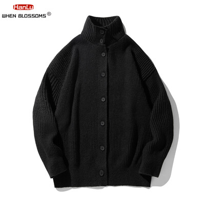 Magas gallérú kardigán férfi pulóverek 2024-es őszi, téli meleg táskás alkalmi egyszínű kötöttáru fekete férfi kötött kabáthoz