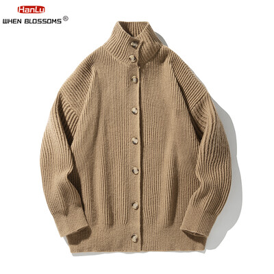 Magas gallérú kardigán férfi pulóverek 2024-es őszi, téli meleg táskás alkalmi egyszínű kötöttáru fekete férfi kötött kabáthoz