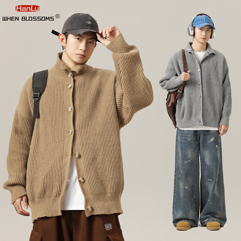 Magas gallérú kardigán férfi pulóverek 2024-es őszi, téli meleg táskás alkalmi egyszínű kötöttáru fekete férfi kötött kabáthoz