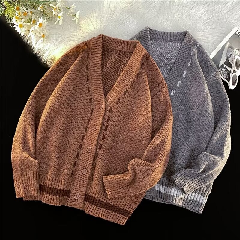 M-3XL Férfi kardigánok V-nyakú, jóképű, elegáns Népszerű, kényelmes, hosszú ujjú, kötött ruhák Tiniknek Főiskolai laza tavaszi koreai