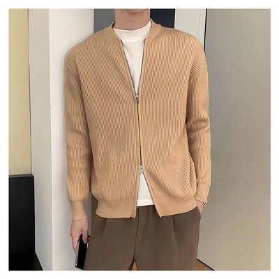 Férfi kötött kardigán meleg dupla cipzáras csíkos karcsúsított pulóver alkalmi sokoldalú, trendi baseball galléros pulóverkabát