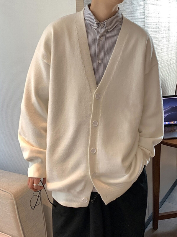 Vīriešu jaka ikdienišķa, brīva, universāla pavasara rudens adīšana ar V-veida kakla izgriezumu, moderns korejiešu stils pusaudžiem, silts vienkrāsains, vienkāršs