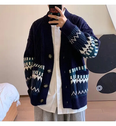 Japāņu vintage Argyll V veida kakla jaka džemperis vīriešiem brīvi pieguļošs daudzpusīgs ikdienas trikotāžas augšjaka moderns zīmols