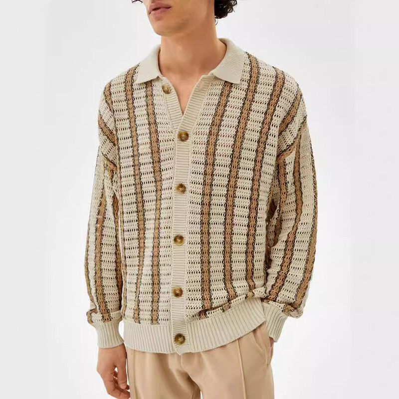Férfi ruházat Könnyű luxus vájt csíkos kötött póló nyakú kardigán pulóver hosszú ujjú szabadidős retro népszerű kötöttáru M-2XL