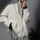 Vīriešu džemperis Kontrastkrāsas džemperis ar V veida kakla izgriezumu Rudens ielas apģērbs Personība Daudzpusīga Campus Jaka ar garām piedurknēm Vīriešu apģērbs 2024