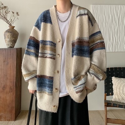 Férfi ruházat Luxus kötött V gallér Patchwork Kardigán pulóver kabát hosszú ujjú koreai Népszerű szabadidős túlméretezett kötöttáru M-3XL