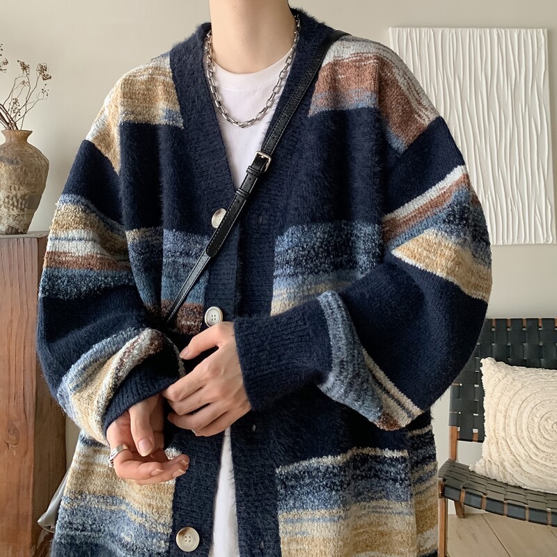 Férfi ruházat Luxus kötött V gallér Patchwork Kardigán pulóver kabát hosszú ujjú koreai Népszerű szabadidős túlméretezett kötöttáru M-3XL