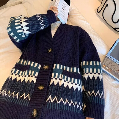 Vīriešu jaka Džemperis Modes Trikotāža Ērts Ielu apģērbs Kontrastkrāsa Japāņu stils V veida kakla izgriezums Brīvais ārējais jauns apģērbs