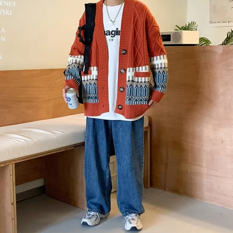 Vīriešu jaka Džemperis Modes Trikotāža Ērts Ielu apģērbs Kontrastkrāsa Japāņu stils V veida kakla izgriezums Brīvais ārējais jauns apģērbs