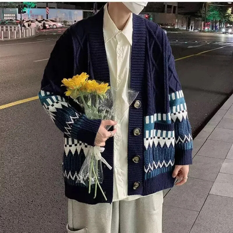 2022 m. rudens/žiemos vyriški vintažiniai gatvės drabužiai, megztinis, amerikietiško stiliaus, laisvalaikio lininis megztinis, madinga japoniško stiliaus striukė